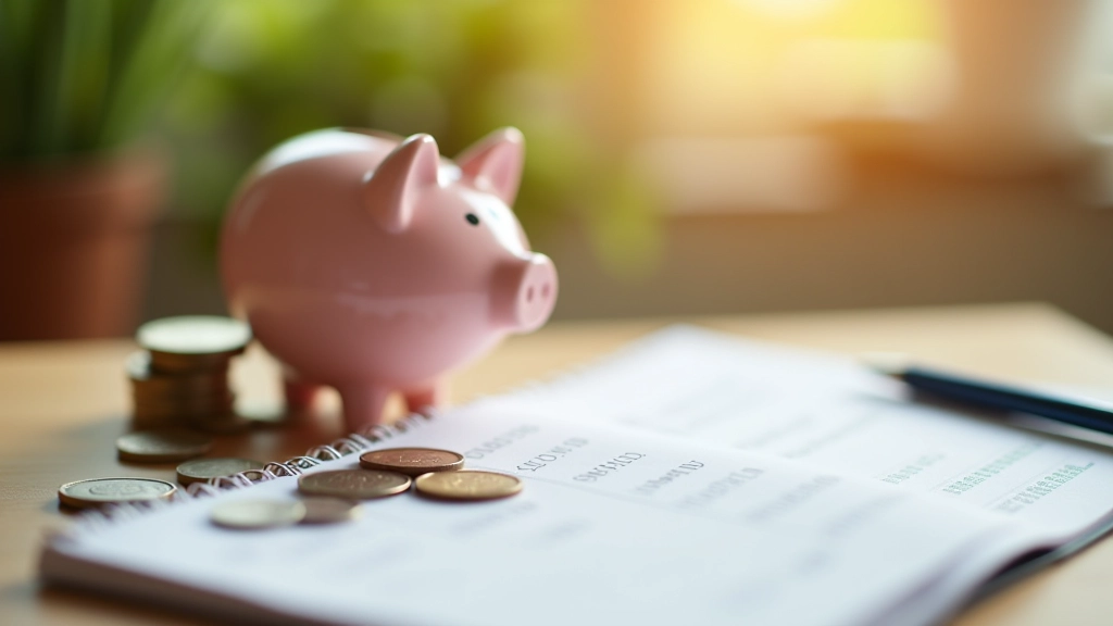 Ceramic piggy bank with stacked coins beside a ledger showing tax percentage calculations and monthly savings amounts