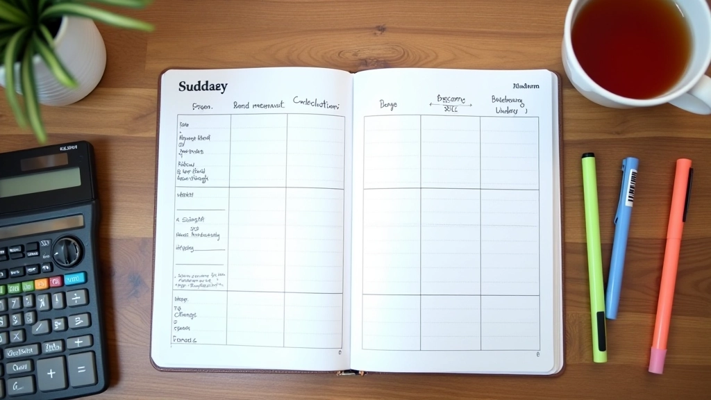 Flat lay of open monthly budget planner with income projection columns, expense categories, and cash flow forecast rows