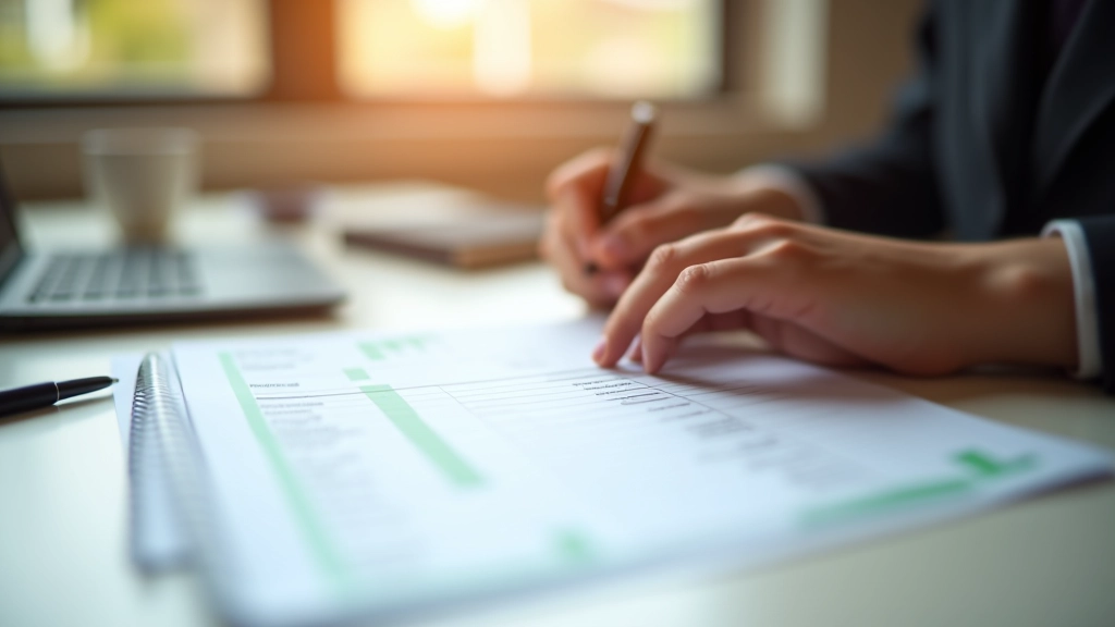 Person pointing at printed spreadsheet with three-month forecast grid, highlighting different income and expense rows