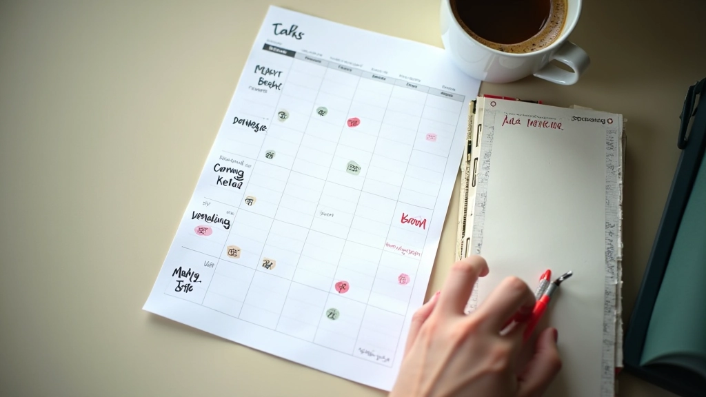 Overhead view of wall calendar with tax deadline dates marked in red and quarterly payment due dates highlighted