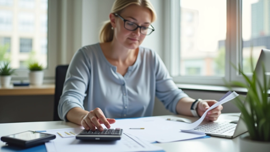 Person at desk reviewing financial documents with calculator and notepad