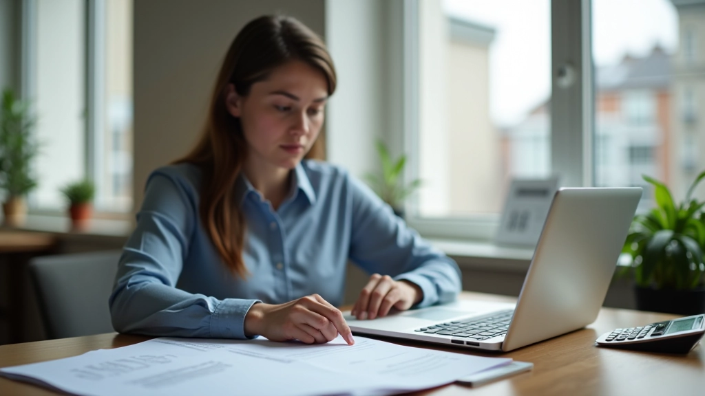 Person reviewing quarterly tax payment schedule on laptop, organized desk with financial documents
